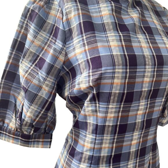 LULUS Wendie Purple Blue Multi Plaid Puff Sleeve Mini Dress S - Picture 4 of 7